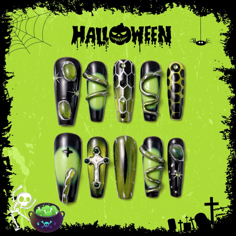 Gothic Neon Green Long Coffin Nails press on nails