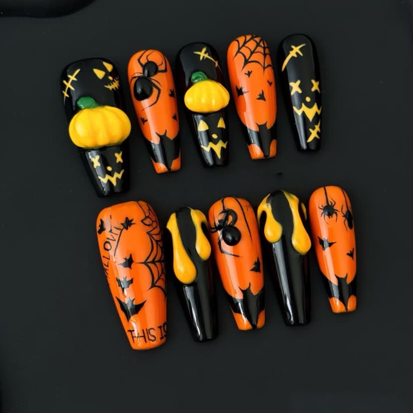Pumpkin & Spider Long Coffin Nails press on nails