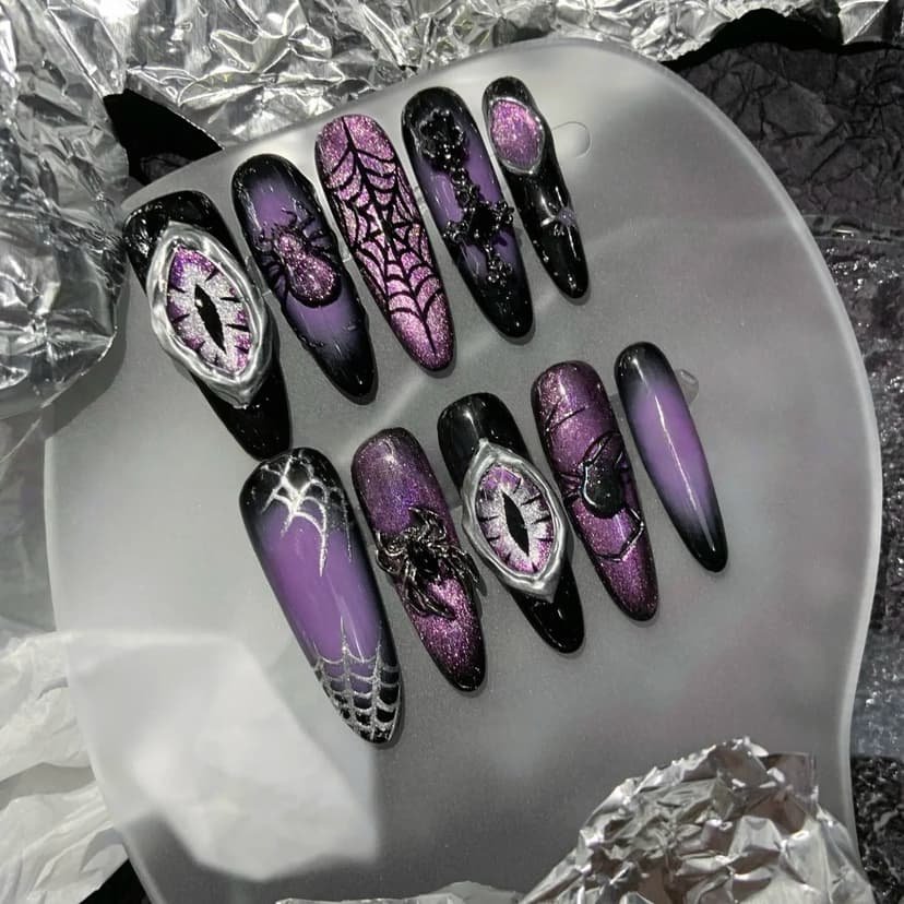 Spider & Web Purple Long Stiletto Nails press on nails